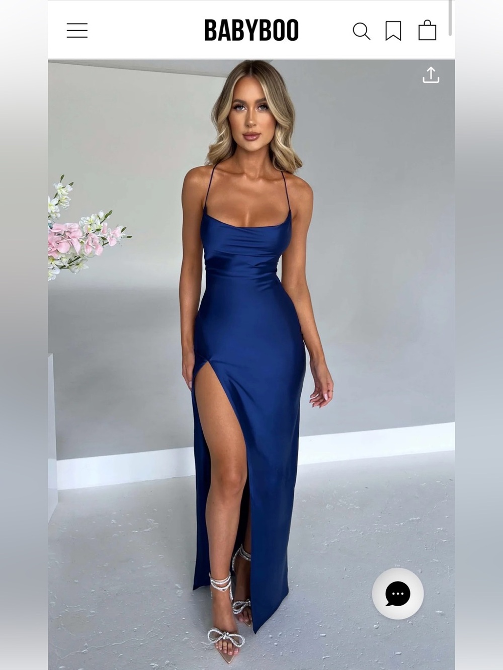 Navy Satin Cowl Neck Slip Dress with Thigh Slit